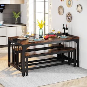 Halseey 3-piece Rectangular Rustic Brown Wood Top Dining Table Set for 4-6 Person