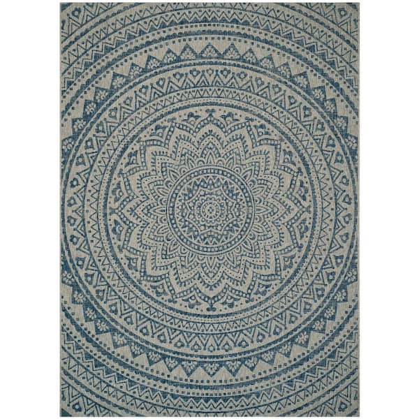 SAFAVIEH Courtyard Light Gray/Blue 8 ft. x 11 ft. Border Indoor/Outdoor Patio  Area Rug