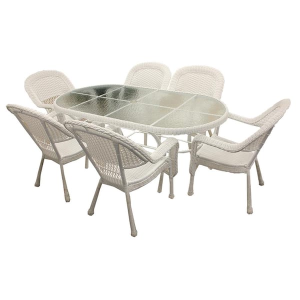 LB International 7-Piece White Resin Wicker Patio Dining Set (6 Chairs and 1 Dining Table)