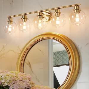 Modern 37.4 in. 5-Light Gold Bathroom Vanity Light Interior Powder Room LED Lighting with Clear Globe Shades