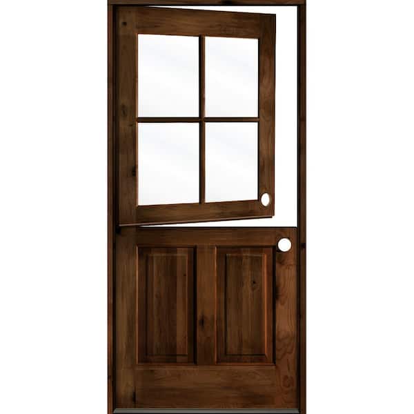 Krosswood Doors 32 in. x 80 in. Knotty Alder Left-Hand/Inswing 4-Lite Clear Glass Provincial Stain Dutch Wood Prehung Front Door