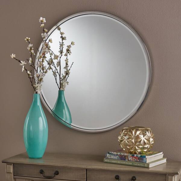 Silver 31.5 in. W x 31.5 in. Modern Round Metal Wall Mirror Silver 31.5 in. W x 31.5 in. Modern Round Metal Wall Mirror