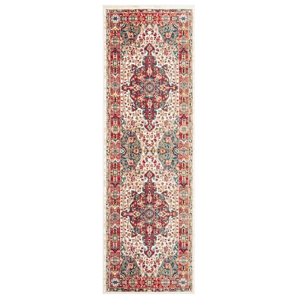 Kashan 3 ft. x 6 ft. Ivory/Blue Antique Border Runner Rug