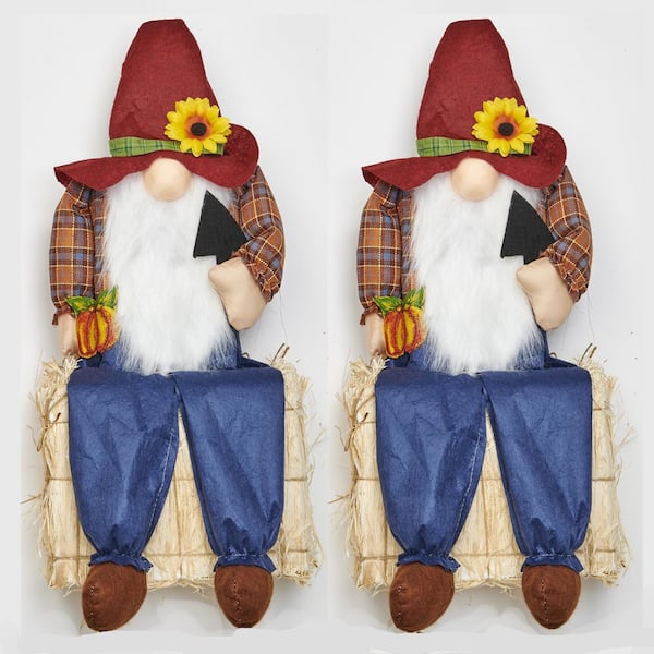 Unbranded 24 in. Sitting Scarecrow Gnome on Bale (Set of 2)