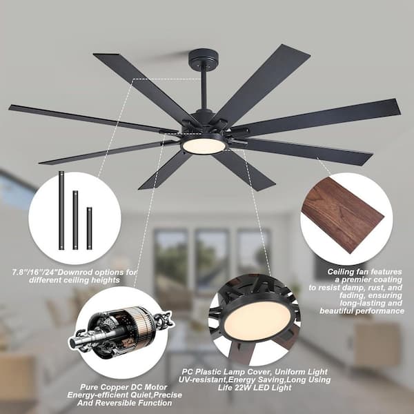 LINJO 72 in. Black 8-Plywood Reversible Blades and 3-Color LED
