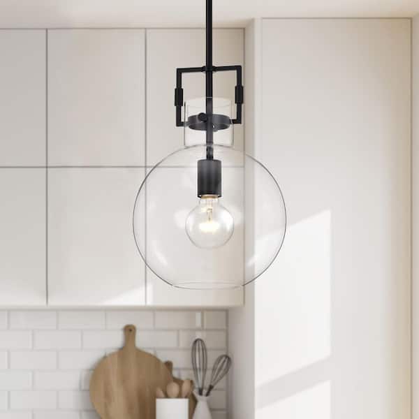 60-Watt 1-Light Matte Black 10 in. Globe Shaped Clear Glass Pendant Light, Bulb Not Included
