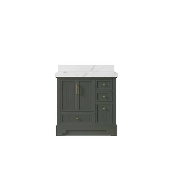 Willow Collections Alys 36 in. W x 22 in. D x 36 in. H Left Offset Sink Bath Vanity in Pewter Green with 2 in. Calacutta Laza Qt. Top