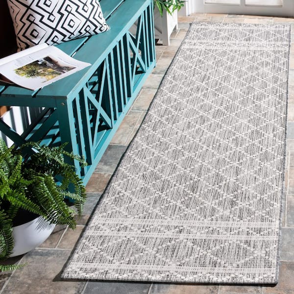 Courtyard Light Gray/Dark Gray 2 ft. x 8 ft. Diamond Border Indoor/Outdoor Runner Rug