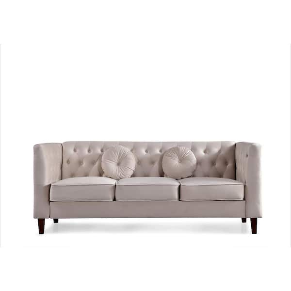 US Pride Furniture Sisilia 81.5 in. W Square Arm Velvet Mid-Century Modern Straight Sofa in Beige