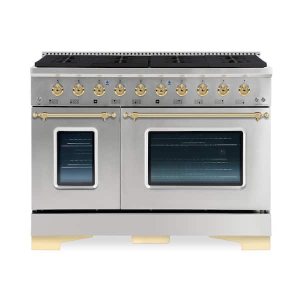 Hallman CLASSICO 48" TTL 6.7 Cu.Ft. 8 Burner Freestanding All Gas Range Gas Stove and Gas Oven, Stainless steel with Brass Trim