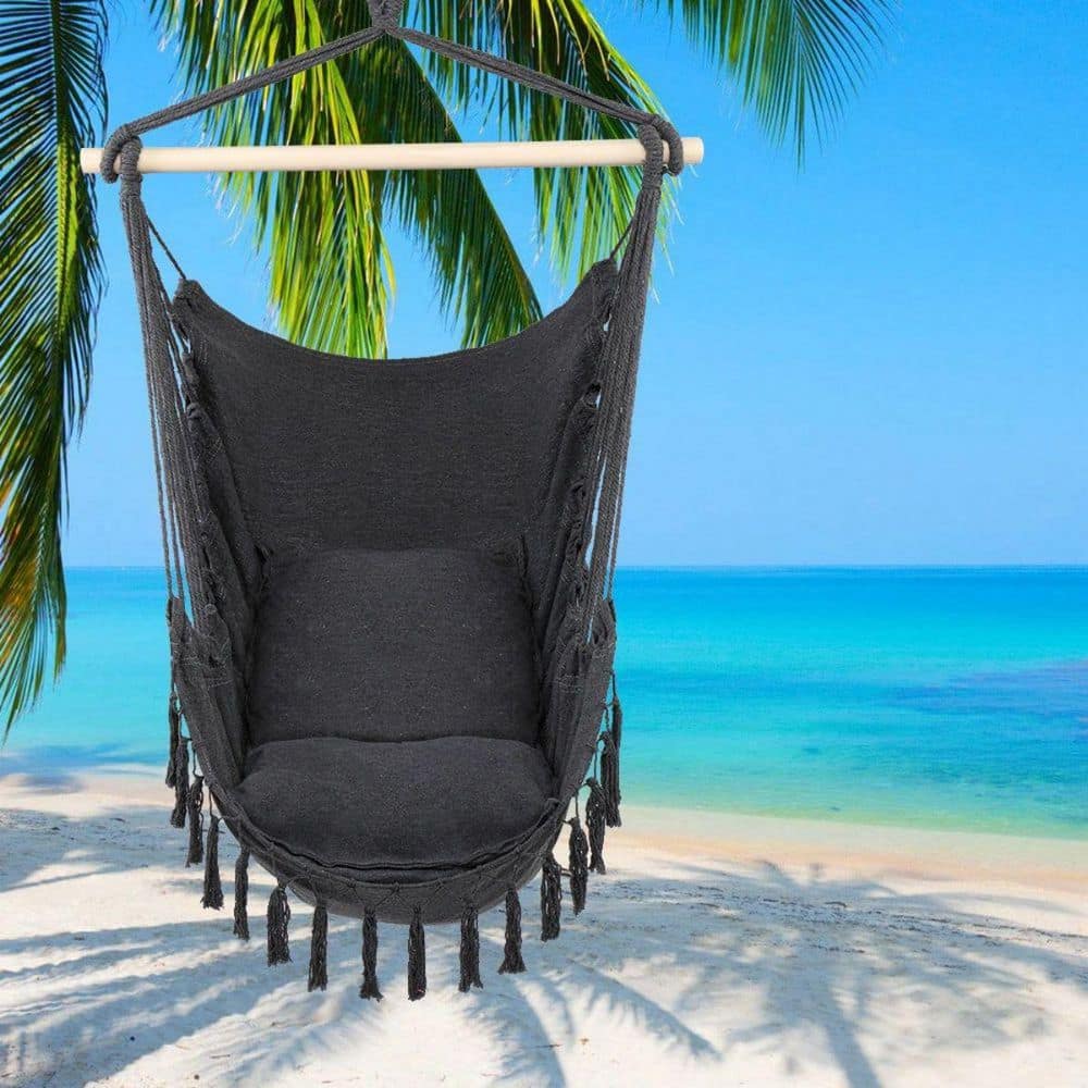 37.4 in. Outdoor Tassel Hammock Sling Swing Chair with 2 Cushions, Gray