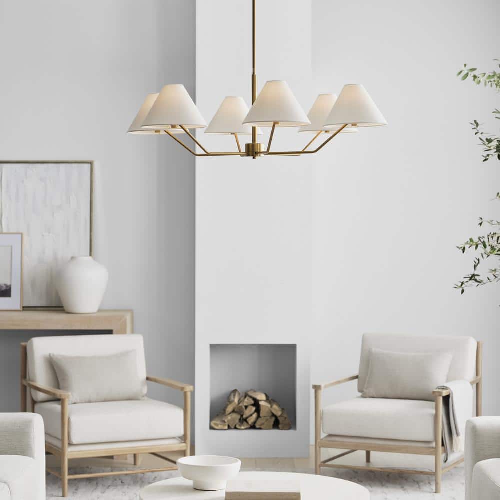 Elegant Mid-Century Satin Brass 6-Light Chandelier with White Linen Shade