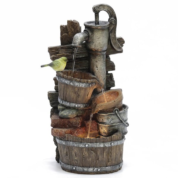 LuxenHome Farmhouse Pump and Barrels Outdoor Polyresin Cascade Fountain with LED Lights
