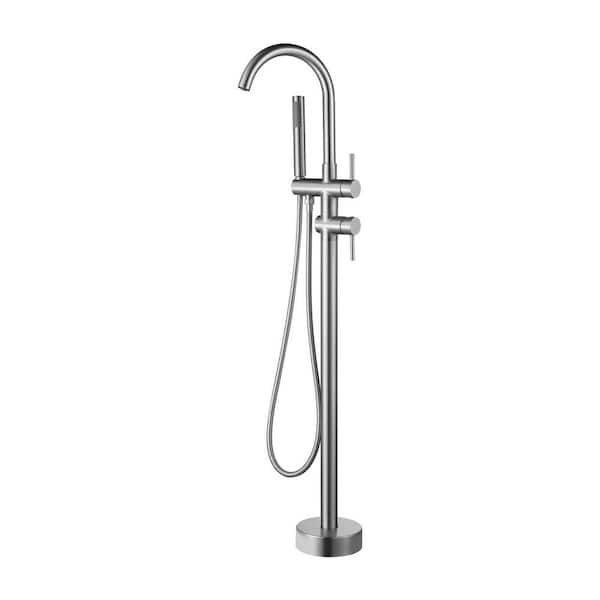 Single Handle Floor Mount Bathtub Faucet Freestanding Tub Filler Standing Shower Faucets with Handheld Shower in Nickel