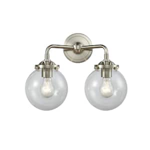 Beacon 14 in. 2-Light Brushed Satin Nickel Vanity Light with Clear Glass Shade