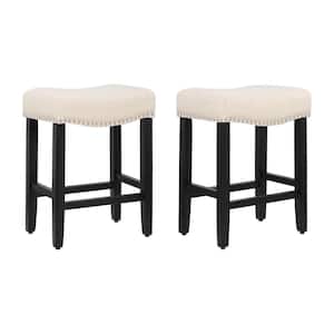 Jameson 24 in. Counter Height Black Wood Backless Barstool with Upholstered Beige Linen Saddle Seat (Set of 2)