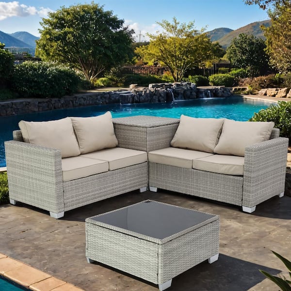 Runesay Wicker Outdoor Sectional Set with Beige Cushions Outdoor ...