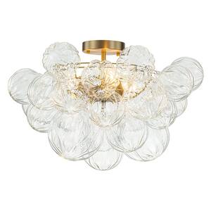 Neuvy 20.9 in. W 3-Light Brush Gold Semi-Flush Mount Brass Close to Ceiling Light with Cluster Ribbed Glass for Entry