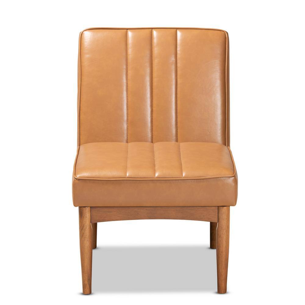 Tan Faux Leather and Walnut Wood Low Arm Chair