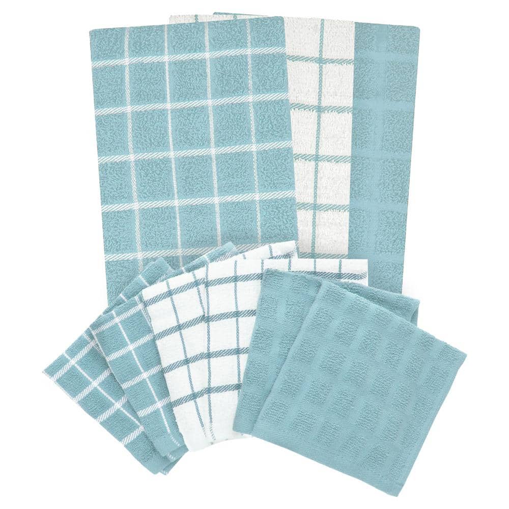 Dew Blue Cotton Terry Check Kitchen Towel Set