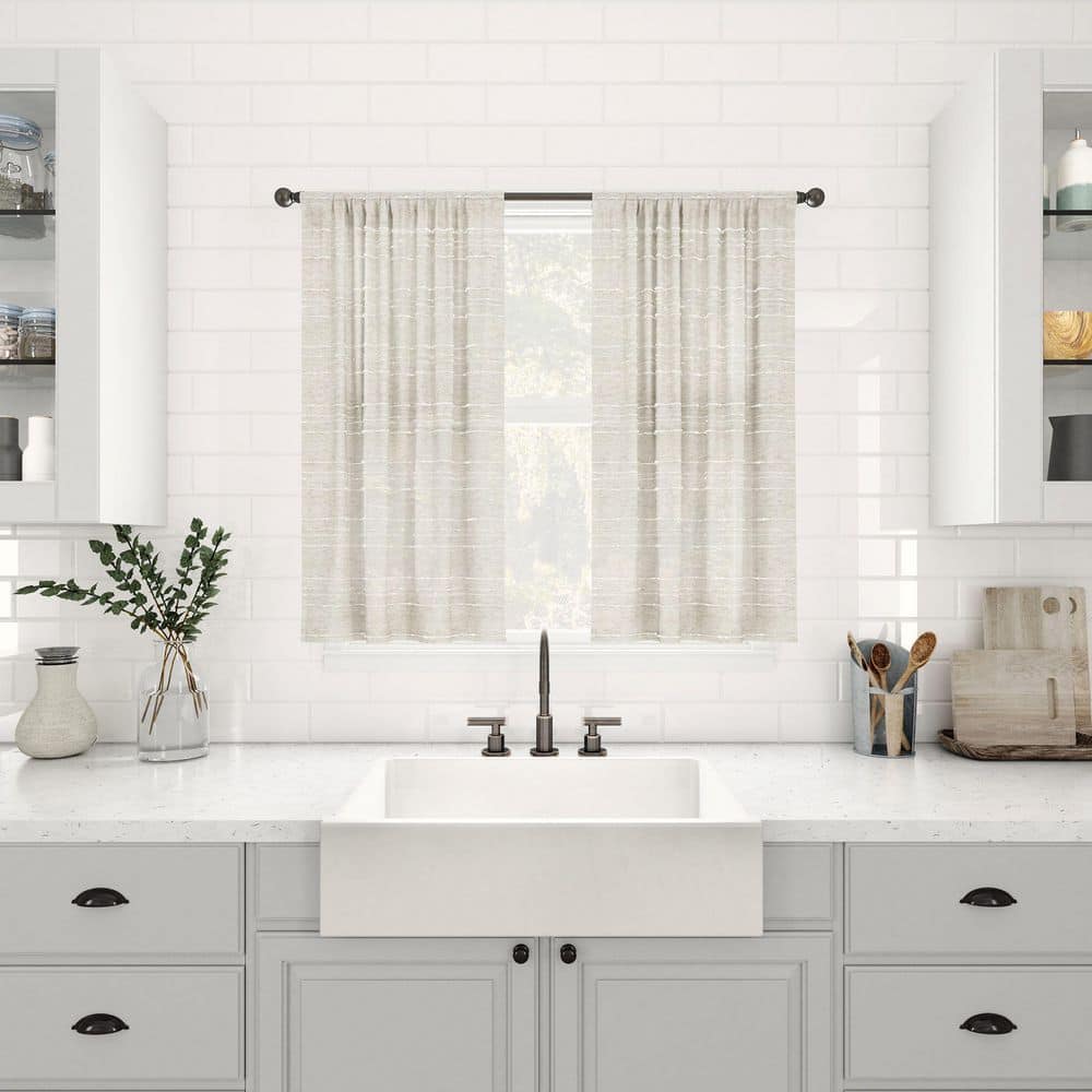 Linen Blend Sheer Stripe Rod Pocket Kitchen Curtain Pair