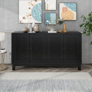 Black MDF 60 in. Sideboard with Adjustable Shelves and Metal Pull-Ring Handle