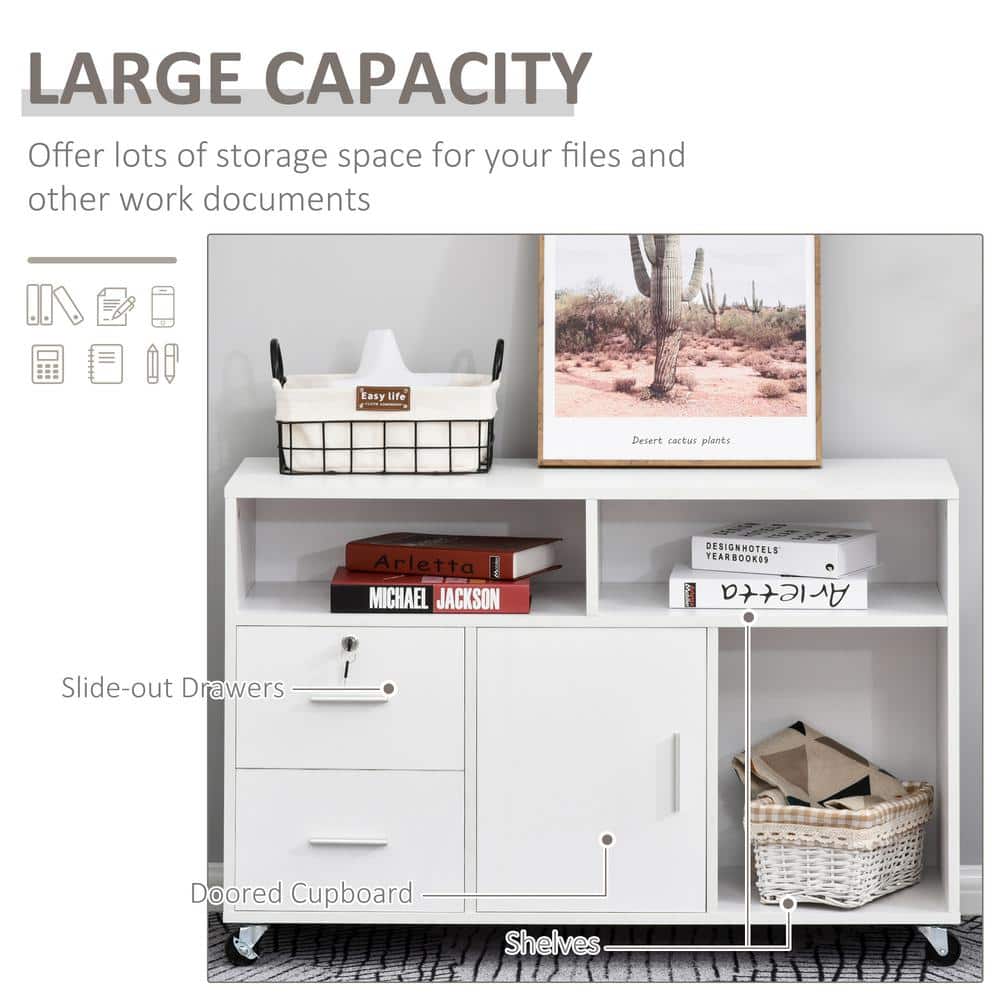 White Mobile Office Cabinet with Drawers and Shelves