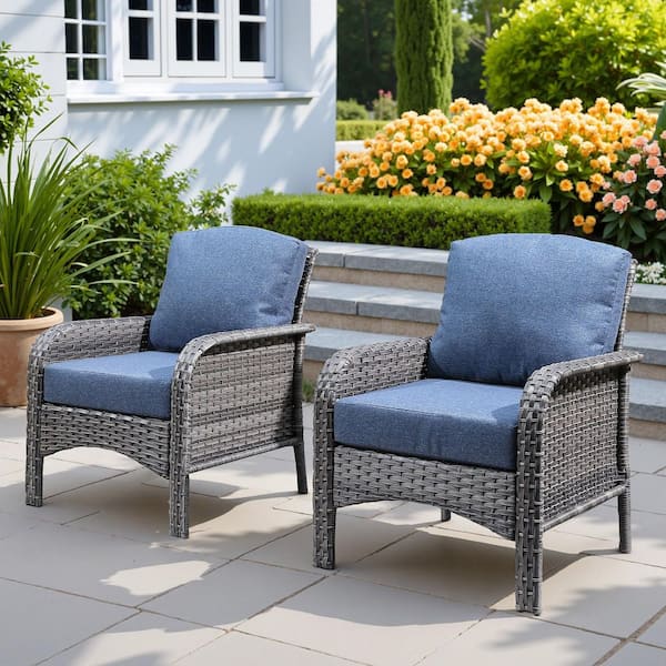 HOOOWOOO Venice Gray 2-Piece Wicker Modern Outdoor Patio Conversation Chair Seating Set with Denim Blue Cushions