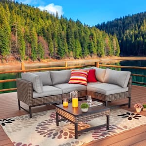 Right-Angle 5-Piece Wicker Patio Conversation Seating Set with Gray Cushions