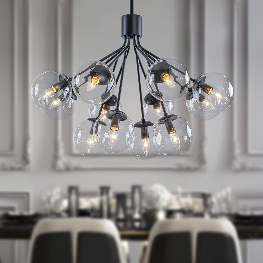 TinHon 12-Light Modern Black Sputnik Chandelier with Glass Globe