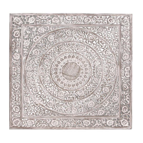 Carved Wooden Wall Art Framed Mandala Large Distressed White Decorative  Room Panel Headboard 61 X 61 Cm 