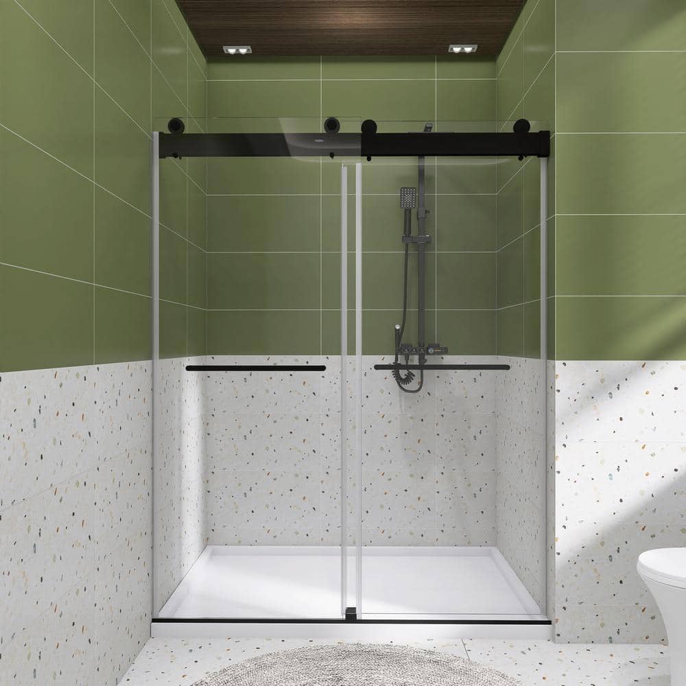 60 in. W x 76 in. H Sliding Frameless Double Shower Door in Matte Black wit