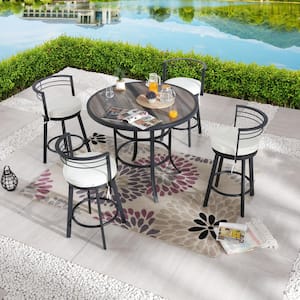 5-Piece Metal Bar Height Outdoor Dining Set with Beige Cushions