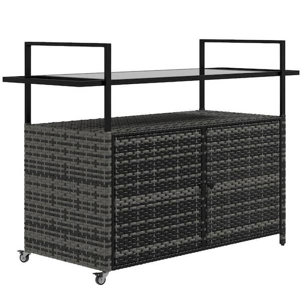 Unbranded Gray Outdoor RE Rattan Wicker Kitchen Serving Cart with Storage Cabinet, 2-Tier Shelf, Glass Top and Handles