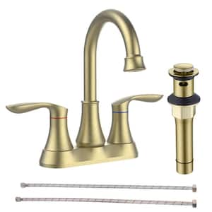2-Handles Single Hole Bathroom Faucet with Pop-up Drain and Supply Hoses in Brushed Gold