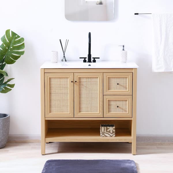 Jasper 36 in. W x 18 in. D x 33 in. H Rattan Modern Coastal 2-Shelf Bath Vanity Cabinet without Top in Oak