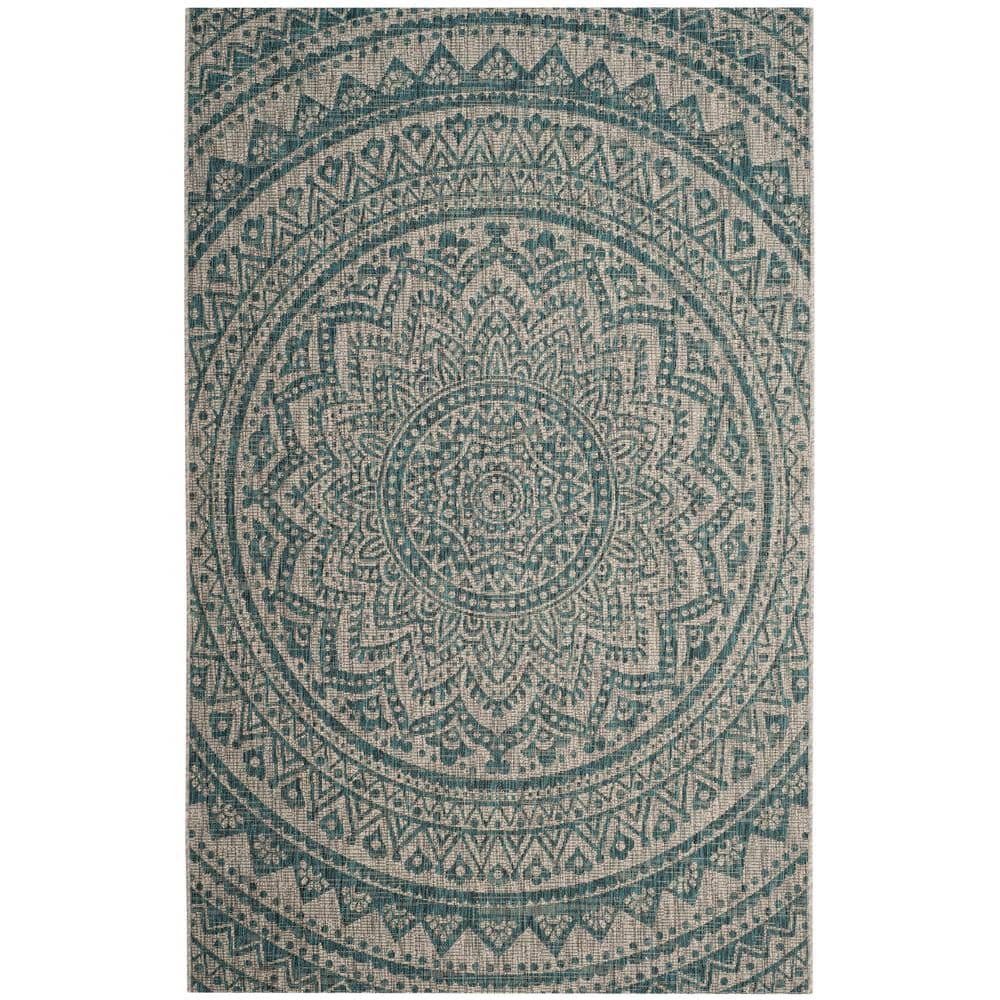 Light Grey/Teal Easy-Care Rectangular Synthetic Area Rug 5' x 7'