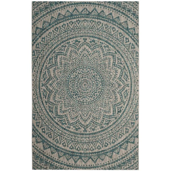 Courtyard Light Gray/Teal 7 ft. x 10 ft. Geometric Indoor/Outdoor Patio  Area Rug