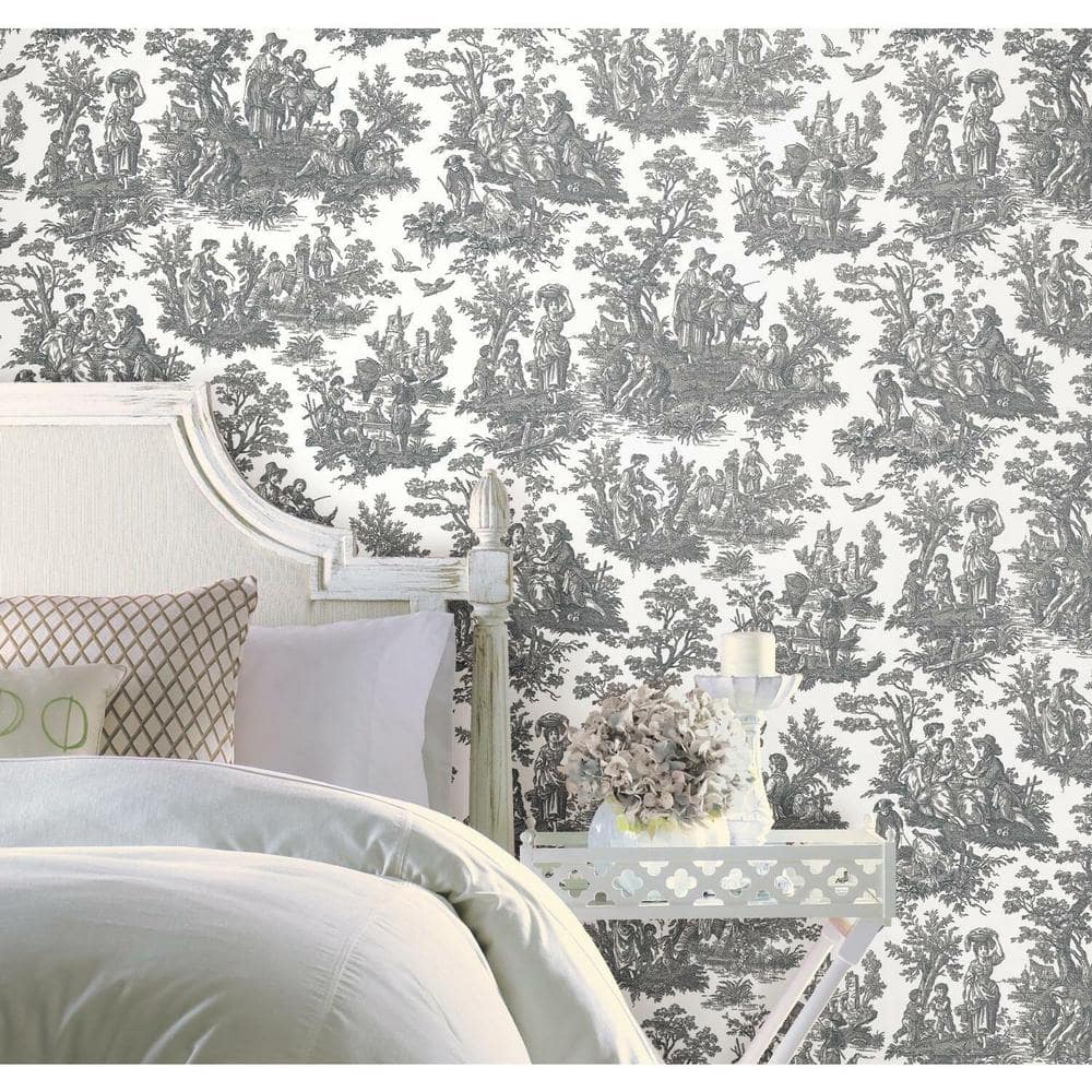 Gray and White Vinyl Country Life Toile Peel and Stick Wallpaper