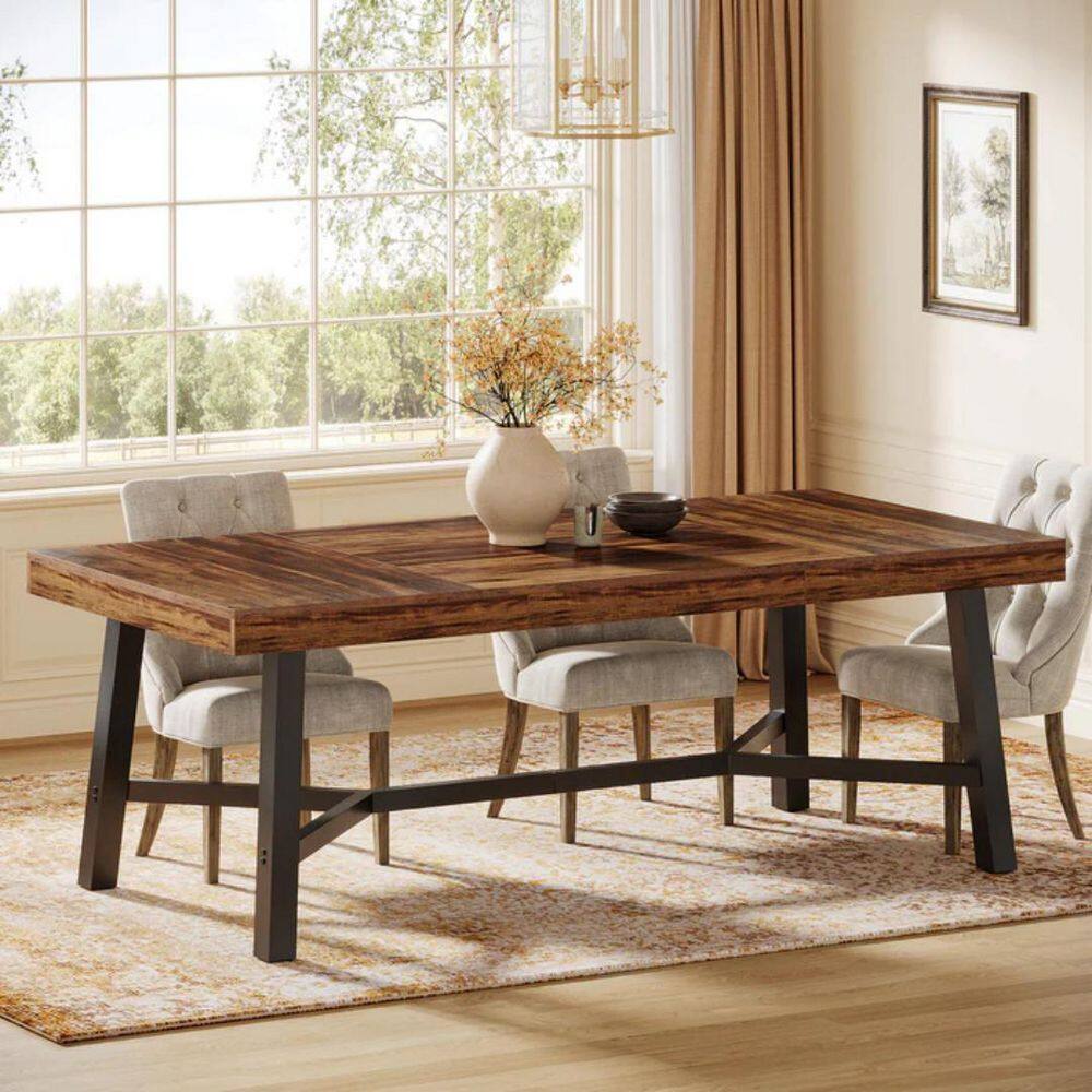 70.9 in. Farmhouse Brown Dining Table for 6-8, Large Rectangle Table with Black Reinforced Legs for Kitchen, Dining Room