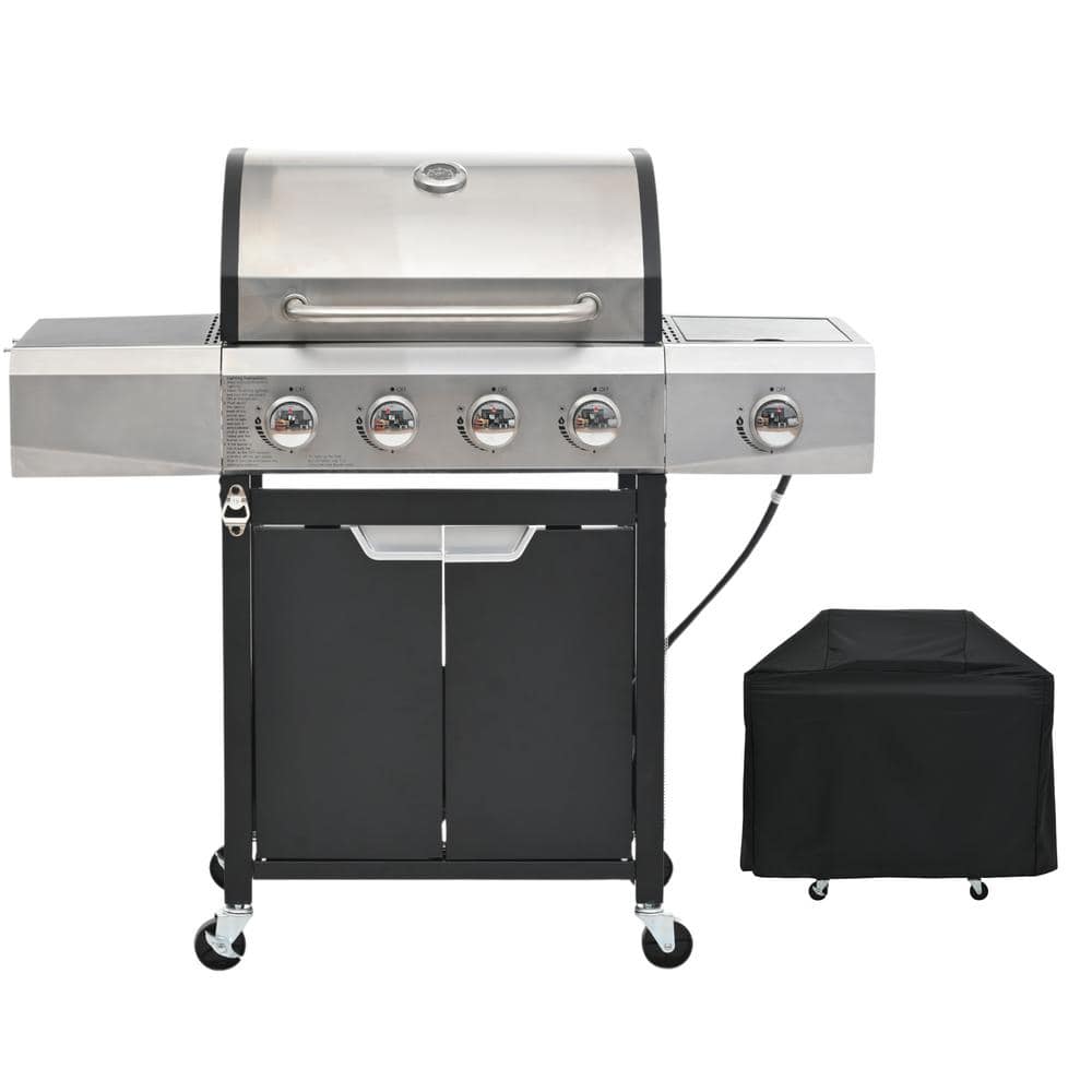 FIROMO 4-Burner Propane Gas Grill in Stainless Steel with Side Burner, Condiment Rack and Built-in Thermometer with Grill Cover KJ-W01 - The Home Depot