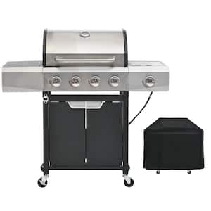 4-Burner Propane Gas Grill in Stainless Steel with Side Burner, Condiment Rack and Built-in Thermometer with Grill Cover