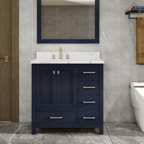 36 in. W x 22 in. D x 35.4 in. H Bath Vanity in Navy Blue with White Marble Top and Basin