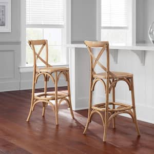 Mavery Patina Oak Finish Wood Counter Stool with Woven Seat and Cross Back (18 in. W x 40 in. H)