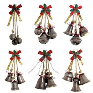 Set of 6 Old World Galvanized Christmas Bells with Bows