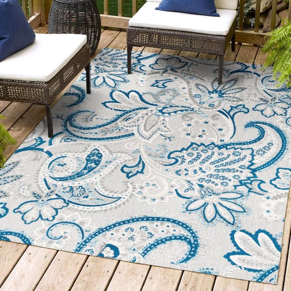 JONATHAN Y Gordes Paisley High-Low Light Gray/Blue 3 ft. x 5 ft. Indoor/Outdoor Area Rug