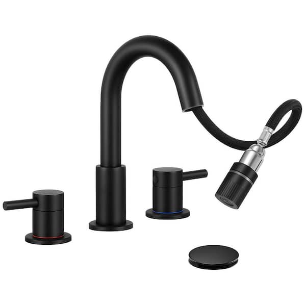 2 handle Pull down Spout 8 in. Widespread Bathroom Faucet 3 Hole Bathroom Sink Faucet in Matte Black