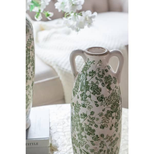 15.6 in. White Ceramic Amphora Decorative Flower Vase with Green