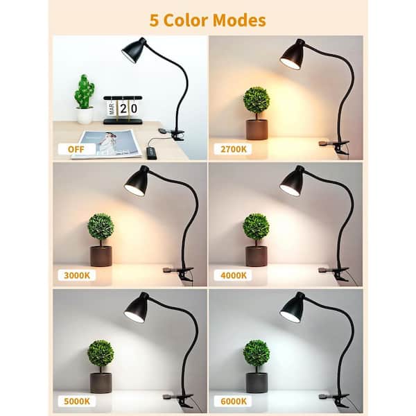 19 in. Black LED Clip-On Desk Lamp with Clamp, 5-Color Modes, 10-Brightness Levels, Flexible Gooseneck, Auto-Off Timer