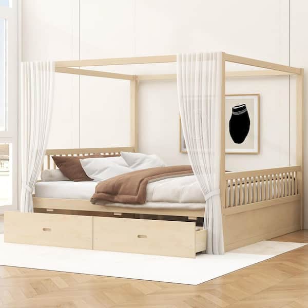 Polibi Natural/Yellow Wood Frame King Canopy Bed with Storage